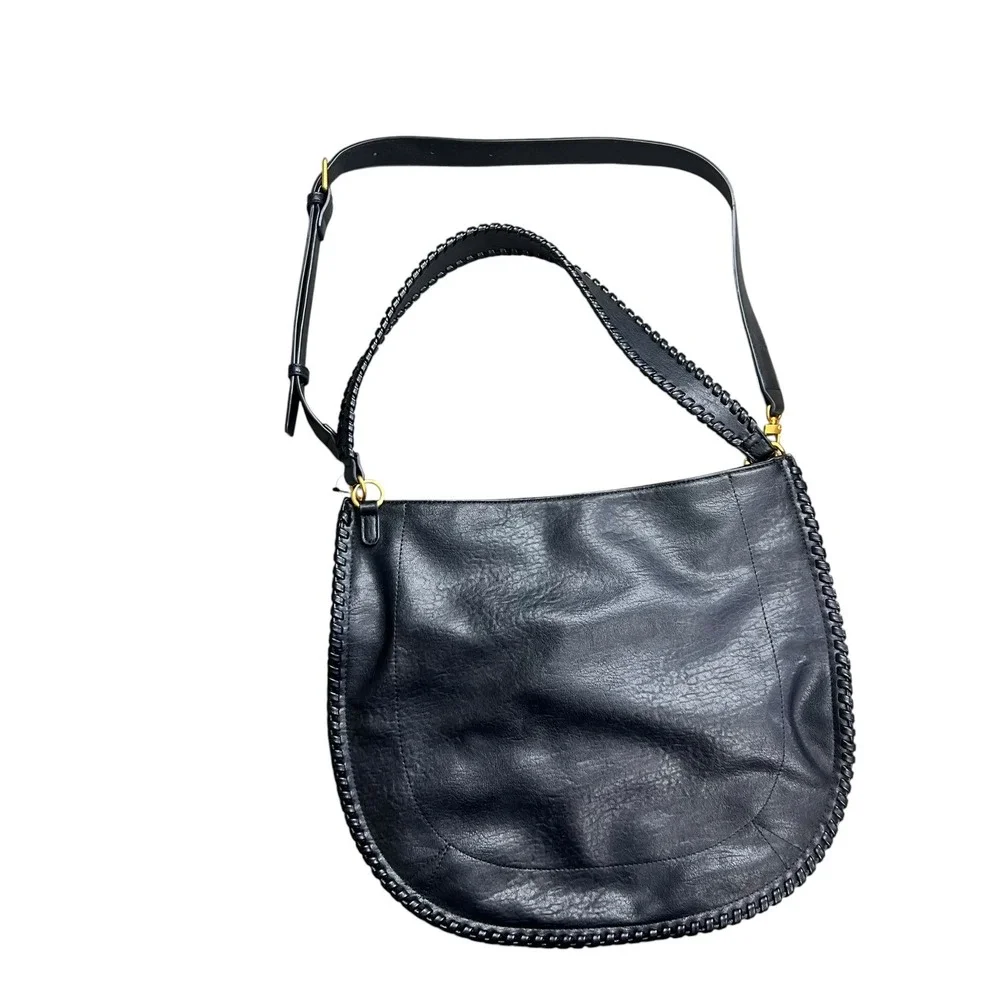 Antik Kraft Black Vegan Leather Whipstitch Hobo Bag Gold Hardware Crossbody
